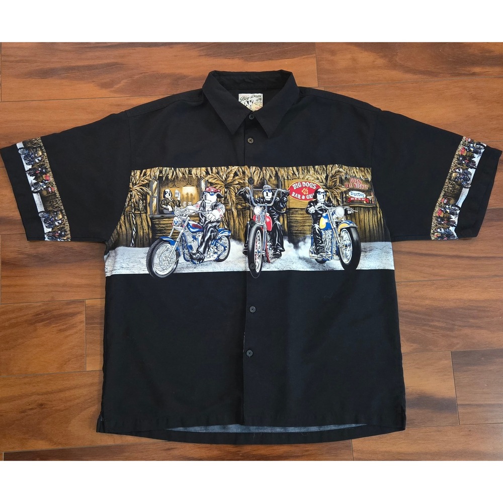 Big Dogs Mens XL Motorcycle Biker Bar & Grill Graphic Button Up Shirt